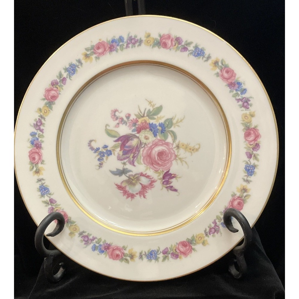 Castleton China Manor Gold Trim Dinner Plate 9" USA Porcelain Pink Rose Floral